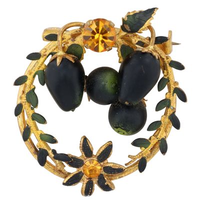 Sale Photo Thumbnail #136: Austria Gilt Metal Rhinestone Glass Bead Resin Budding Wreath Brooch