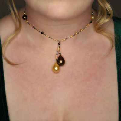 Sale Photo Thumbnail #106: Czech Silver Tone Faux Pearl Enamel Link Double Dangle Necklace