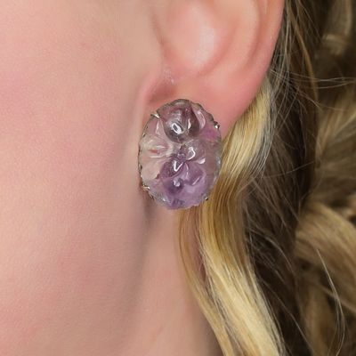 Sale Photo Thumbnail #144: Sterling Silver Purple Jadeite Carved Floral Earrings
