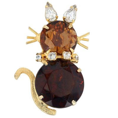 Sale Photo Thumbnail #59: Dodds Gold Tone Amber Red Glass Cat Brooch
