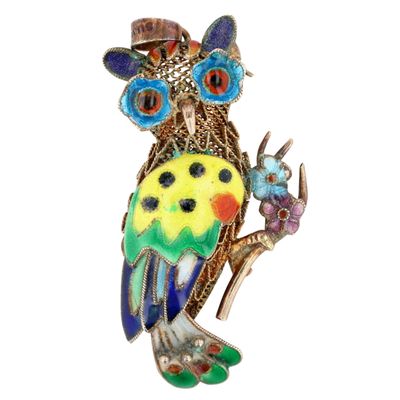 Sale Photo Thumbnail #268: Chinese Export Vermeil Silver Cloisonne Enamel Owl Brooch Pendant