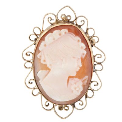 Sale Photo Thumbnail #357: Signed 12K Gold Filled Carved Shell Cameo Filigree Framed Brooch Pendant