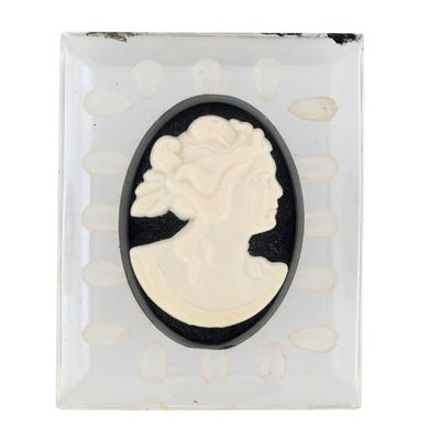 Sale Photo Thumbnail #93: Molded Lucite Reverse Carved Black White Cameo Brooch