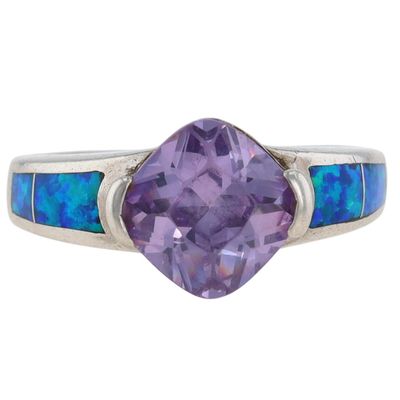 Sale Photo Thumbnail #552: Signed Sterling Silver Amethyst Opal Inlay Ring Size 8