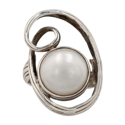 Sale Photo Thumbnail #518: Sterling Silver Faux Pearl Textured Ribbon Wrap Ring Size 9