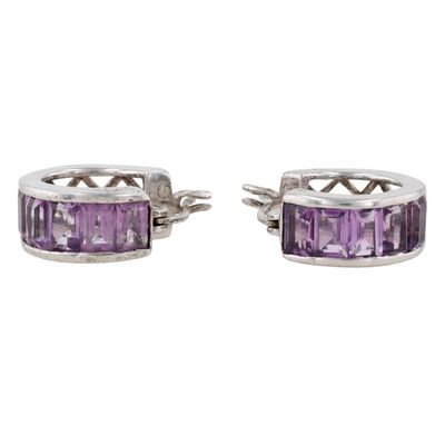 Sale Photo Thumbnail #506: Signed Sterling Silver Amethyst Baguette Hoop Earrings