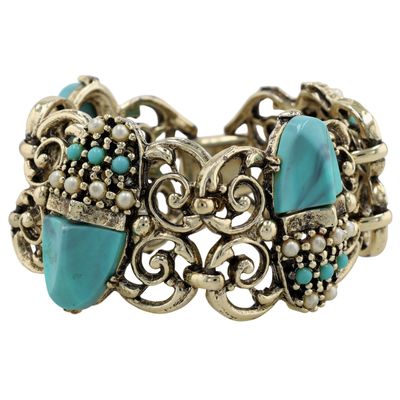 Sale Photo Thumbnail #77: Gold Tone Faux Pearl Faux Turquoise Selro Inspired Linked Panel Bracelet