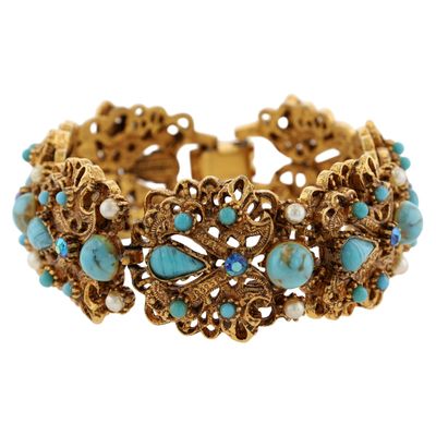Sale Photo Thumbnail #40: Florenza Gold Tone Multi-Stone Ormolu Filigree Linked Panel Bracelet