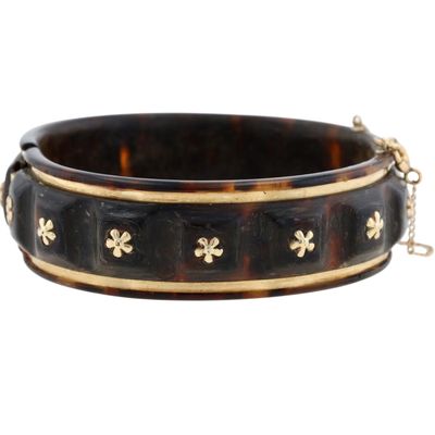Sale Photo Thumbnail #324: Victorian 9K Gold Pique Work Hinged Bangle Bracelet