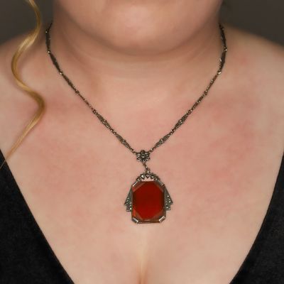 Sale Photo Thumbnail #143: Antique Sterling Silver Carved Carnelian Marcasite Floral Art Deco Link Necklace