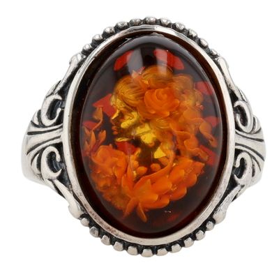 Sale Photo Thumbnail #504: Signed Sterling Silver Reverse Intaglio Amber Nouveau Lady Ring Size 8.5