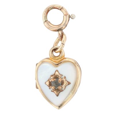 Sale Photo Thumbnail #226: Signed 12K Gold Filled Mother Of Pearl Rhinestone Heart Locket Charm