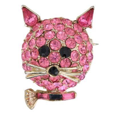 Sale Photo Thumbnail #68: Gold Tone Pink Rhinestone Cat Brooch
