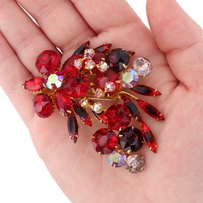 Sale Photo Thumbnail #100: Gold Tone Rhinestone Layered Red Floral Brooch
