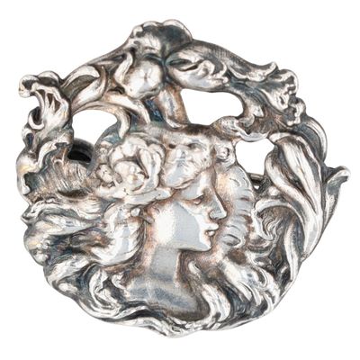 Sale Photo Thumbnail #142: Antique Sterling Silver Pressed Floral Portrait Art Nouveau Brooch