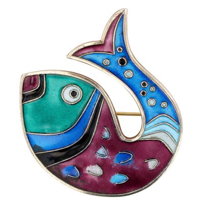 Sale Photo Thumbnail #466: David Andersen Norway Gold Over Sterling Enamel Purple Fish Brooch