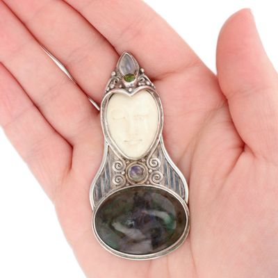 Sale Photo Thumbnail #441: Sajen Sterling Multi-Stone Carved Goddess Brooch Pendant
