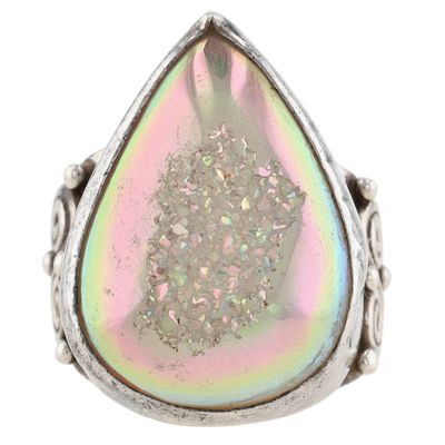 Sale Photo Thumbnail #440: Sajen Sterling Iridescent Druzy Quartz Adjustable Ring