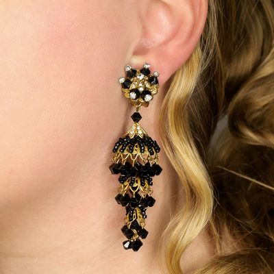 Sale Photo Thumbnail #39: Roberts Gold Tone Rhinestone Large Chandelier Dangle Earrings