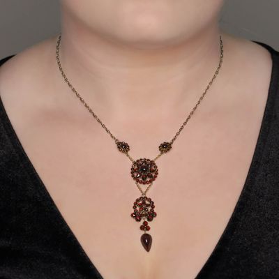 Sale Photo Thumbnail #386: Antique Gold Over Silver Bohemian Garnet Cluster Lavalier Necklace