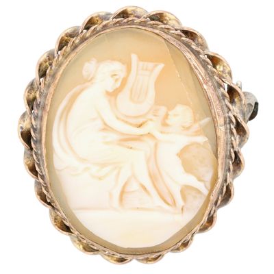 Sale Photo Thumbnail #370: Gold Filled Carved Venus and Cupid Lyre Shell Cameo Brooch