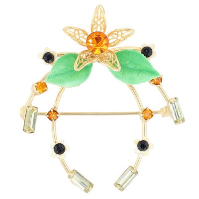 Sale Photo Thumbnail #18: Gold Tone Rhinestone Uranium Glass Resin Enamel Floral Brooch