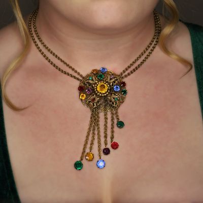Sale Photo Thumbnail #125: Czech Gilt Metal Rhinestone Scroll Cluster Double Strand Necklace