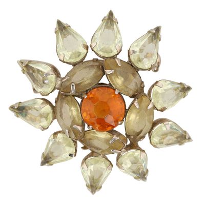 Sale Photo Thumbnail #73: Gold Tone Uranium Glass Orange Rhinestone Starburst Brooch