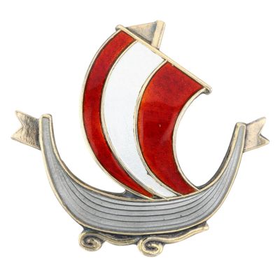 Sale Photo Thumbnail #431: Aksel Holmsen Norway Gold Over Sterling Enamel Viking Ship Brooch