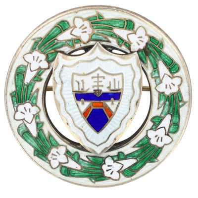 Sale Photo Thumbnail #186: Antique Gorham Vermeil Gold Over Sterling Guilloche Enamel Floral Shield Brooch