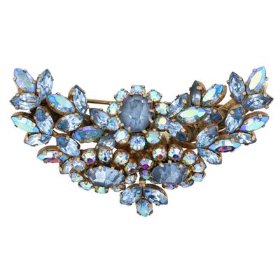 Sale Photo Thumbnail #138: Austria Gilt Metal Blue Iridescent Rhinestone Floral Cluster Collar Brooch