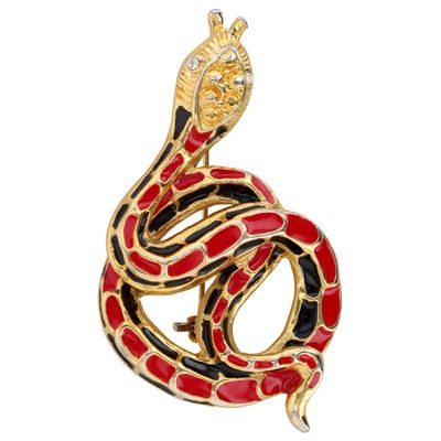 Sale Photo Thumbnail #65: Gold Tone Rhinestone Red Black Enamel Coiled Snake Brooch