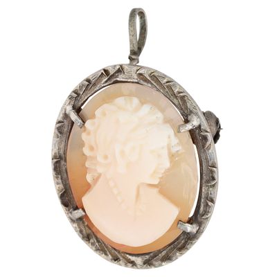 Sale Photo Thumbnail #157: Antique European 800 Silver Carved Shell Cameo Engraved Oval Brooch Pendant