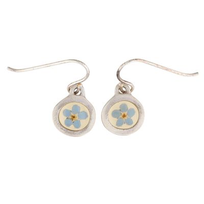 Sale Photo Thumbnail #570: Signed Sterling Silver Resin Forget Me Not Dangle Earrings