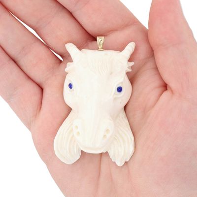 Sale Photo Thumbnail #469: Signed Vintage 14K Yellow Gold Lapis Eyed Carved Ram Pendant