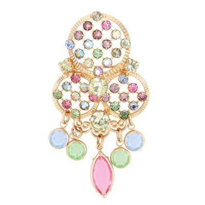Sale Photo Thumbnail #72: Gold Tone Pastel Rhinestone Three Circle Openwork Dangle Brooch