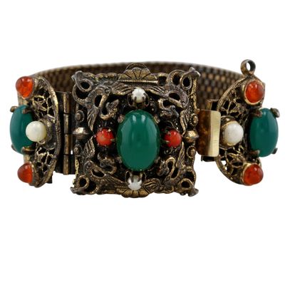 Sale Photo Thumbnail #385: Antique Gilt Multi-Stone Dragon Clasp Mesh Bracelet