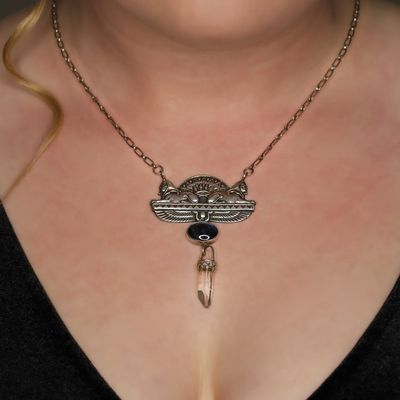 Sale Photo Thumbnail #562: Sterling Silver Labradorite Quartz Crystal Egyptian Revival Dangle Necklace