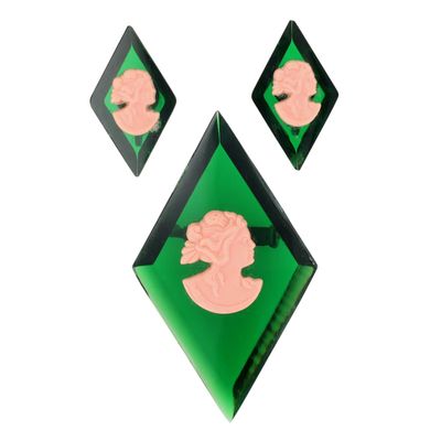 Sale Photo Thumbnail #116: Czech Glass Acrylic Art Deco Cameo Brooch and Earrings Set