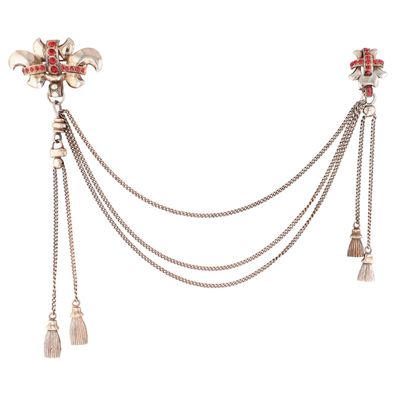 Sale Photo Thumbnail #204: Vintage Gold Over Sterling Silver Rhinestone Fleur De Lis Tassel Double-Clip Connected Brooches