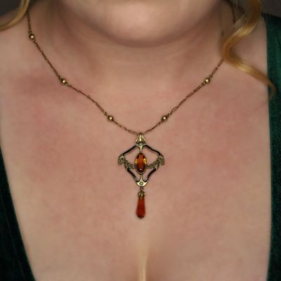 Sale Photo Thumbnail #112: Czech Gilt Metal Pearl Enamel Rhinestone Station Chain Lavalier Necklace