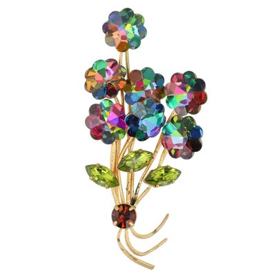 Sale Photo Thumbnail #134: Austria Gold Tone Rhinestone Iridescent Rivoli Glass Watermelon Shades Floral Bouquet Brooch
