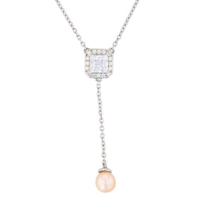 Sale Photo Thumbnail #537: Signed Sterling Silver CZ Pearl Princess Cut Halo Pendant Dangle Detail