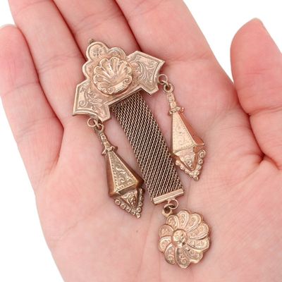 Sale Photo Thumbnail #302: Gold Filled Mesh Dangle Pressed Medallion Collar Brooch