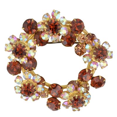 Sale Photo Thumbnail #135: Austria Gold Tone Rhinestone Multi Tiered Wired Floral Open Wreath Brooch