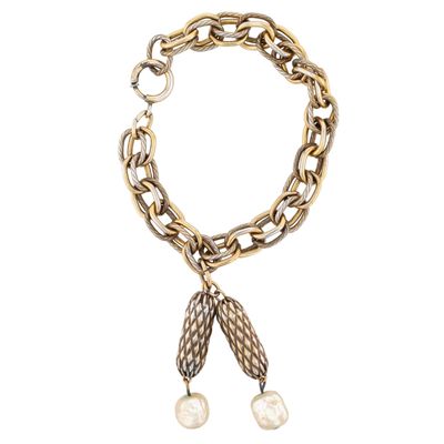 Sale Photo Thumbnail #262: Gold Filled Faux Pearl Double Link Texture Drop Charm Bracelet