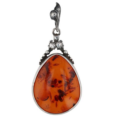 Sale Photo Thumbnail #543: Signed Sterling Silver Baltic Amber Floral Dangle Pendant