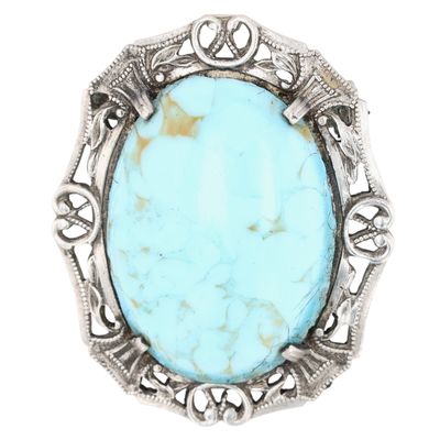 Sale Photo Thumbnail #103: Czech Sterling Silver Poured Glass Faux Turquoise Oval Brooch
