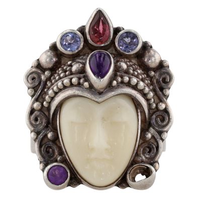 Sale Photo Thumbnail #436: Sajen Sterling Multi-Stone Carved Bone Goddess Adjustable Ring