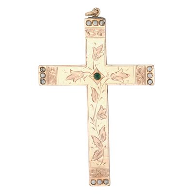 Sale Photo Thumbnail #310: Shved & Cohen Gold Filled Seed Pearl Faux Emerald Cross Brooch Pendant